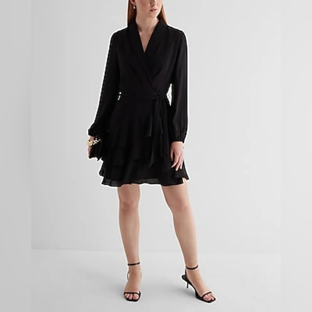 EXPRESS Collared Long Sleeve Tie Waist Tiered Mini Dress in Black